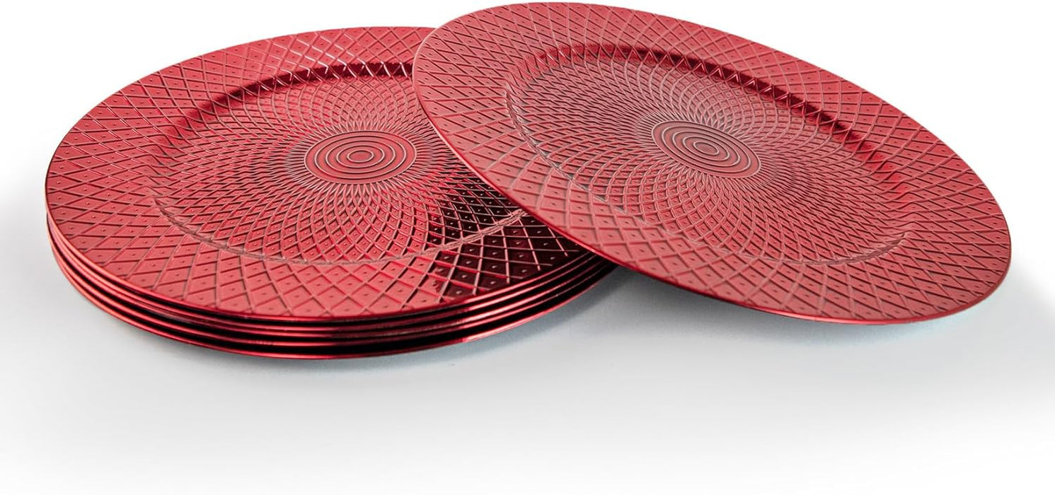 Set of 6 33cm Round Plastic Charger Plates, Red Geometric Tableware Plate Set