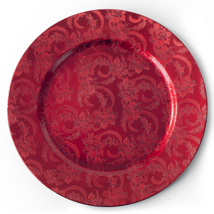 Set of 4 Embossed Red Floral Design 33cm Red Charger Plates Round Under Plate