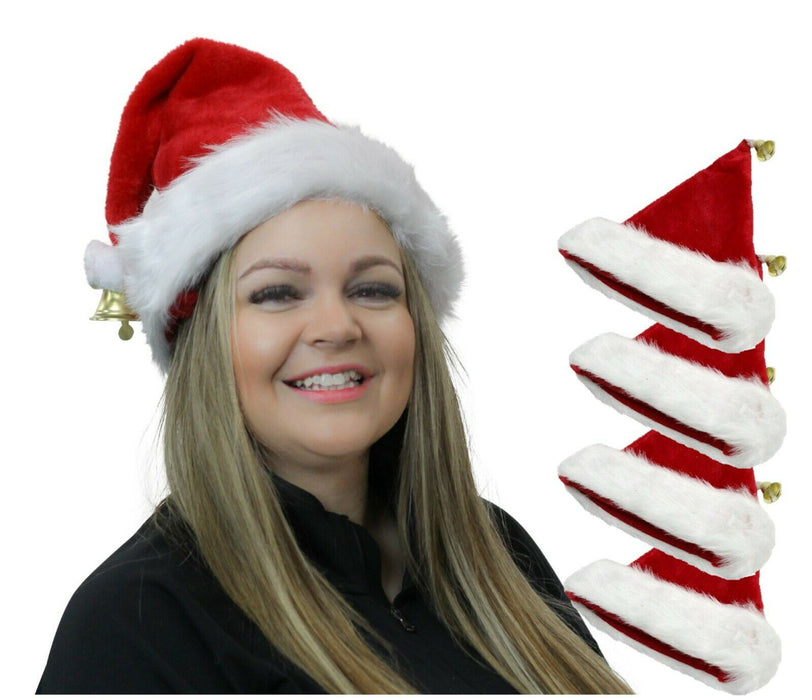Deluxe Christmas Santa Hat Adult Red Velvet White Fur Pompom With Bell Set Of 4