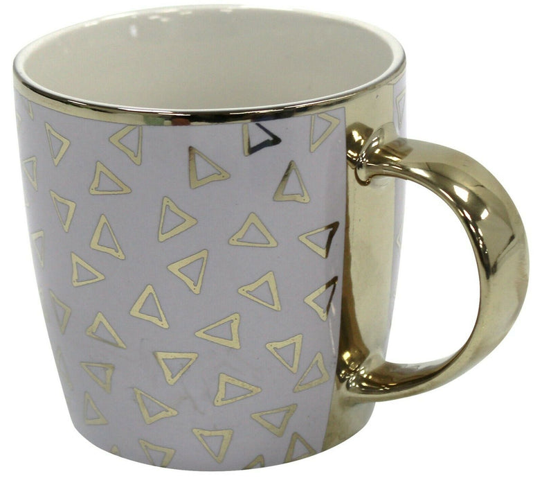 Set of 4 Bone China Coffee Mugs Mauve Mug & Gold Triangles & Gold Rim Handle