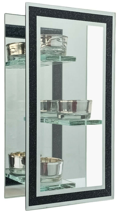 Triple Tea Light Holder Mirrored With Black Sparkly Detail Glass Candle Holder