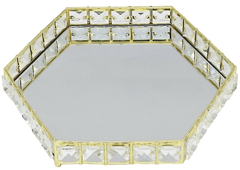 27cm Mirrored Display Tray Crystal Jewelled Hexagon Design Gold Serving Tray