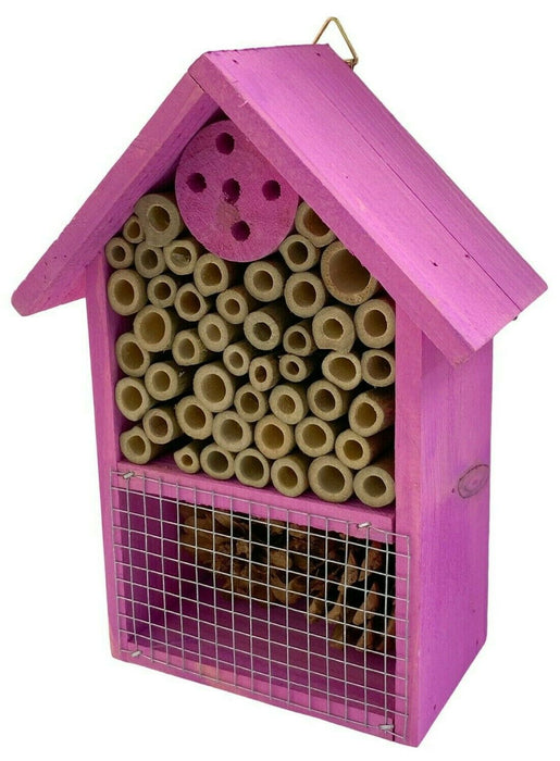 Wooden Insect Hotel Bee House Wood Roof Attract Insects & Bees To Garden Pink