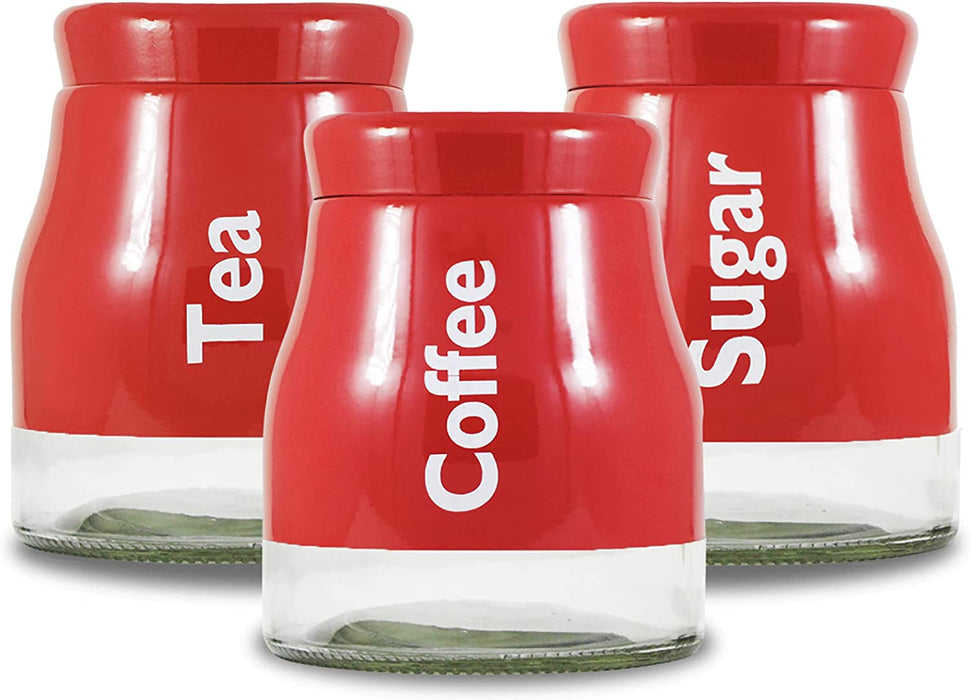 Set of 3 Red Glass Tea Coffee Sugar Canister Caddy Set Large 900ml