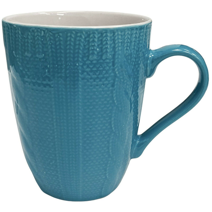 Set Of 4 Large Mugs Blue Ceramic Patterned Cable Knit Coffee Mugs Tea Cups 400ml
