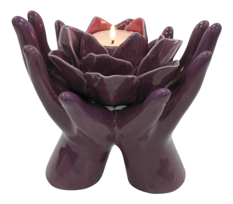Purple Ceramic Tealight Holder - Home Candle Ornament Hands Holding Lotus Flower