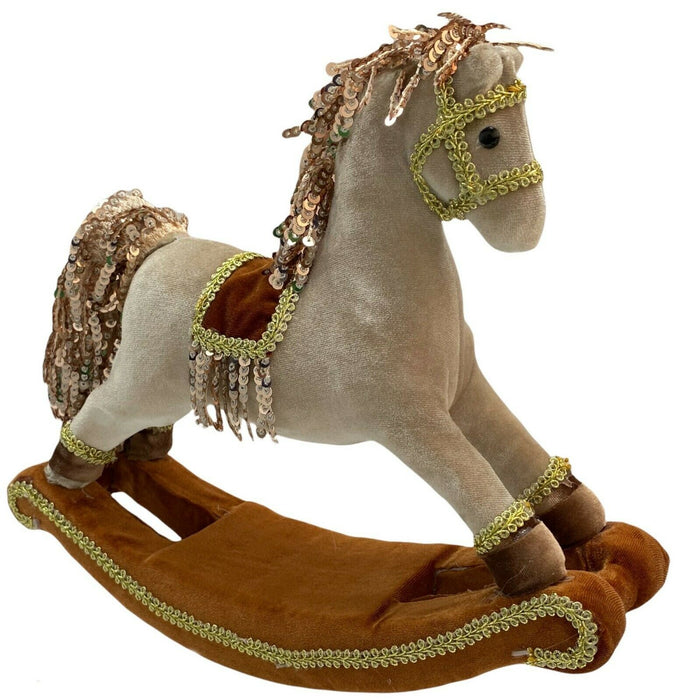 Christmas Rocking Horse Ornament With Sequin Beige Velvet Festive Horse Figurine