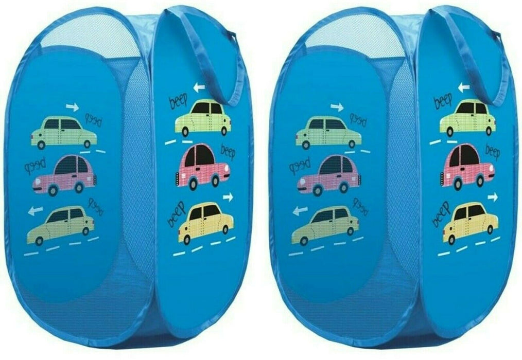 Kids Pop Up Laundry Basket Set x 2 Children's Washing Hamper Bin With Car Design