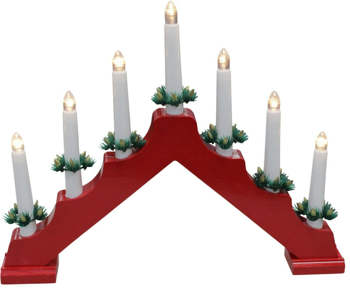 Red Wooden LED Light Up Christmas Candle Bridge with 7 Flameless LED C