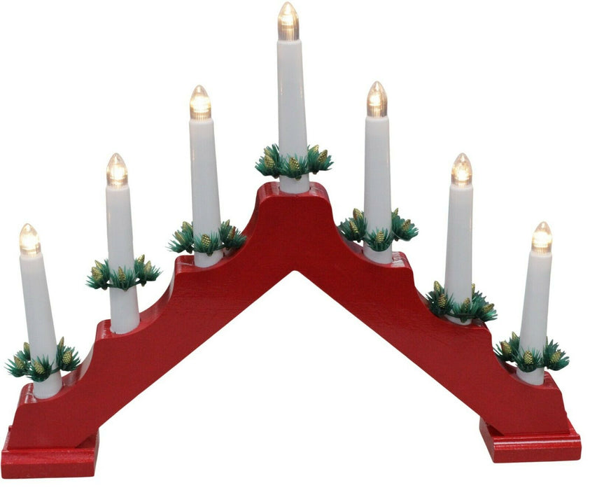 Red Wooden LED Light Up Christmas Candle Bridge with 7 Flameless LED Candles
