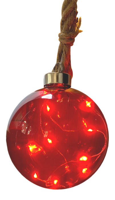Christmas Glass Bauble On Rope LED Light Up Red Tinted Hanging Ball Xmas Décor