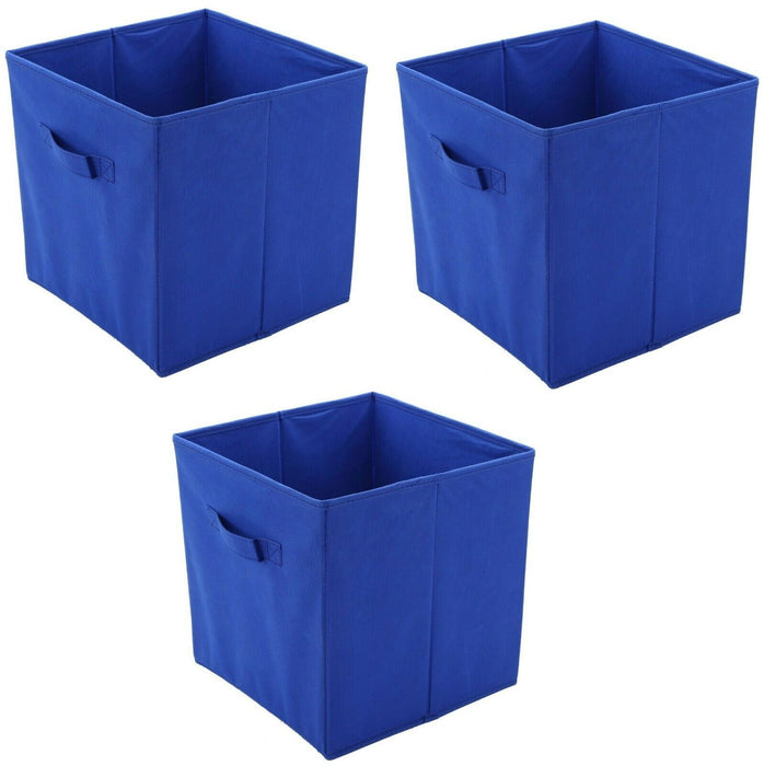 Collapsible Storage Boxes Set of 3 Blue Fabric Cube Organiser Boxes With Handles