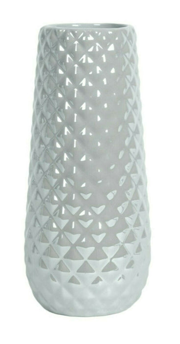 Grey Ceramic Flower Vase Cylinder Decorative Lustre Vase Geometric Design 25cm