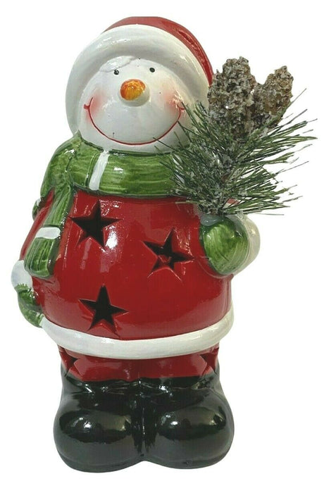 LED Light Up Christmas Ornament Snowman Holding Snowy Pine Festive Xmas Figurine