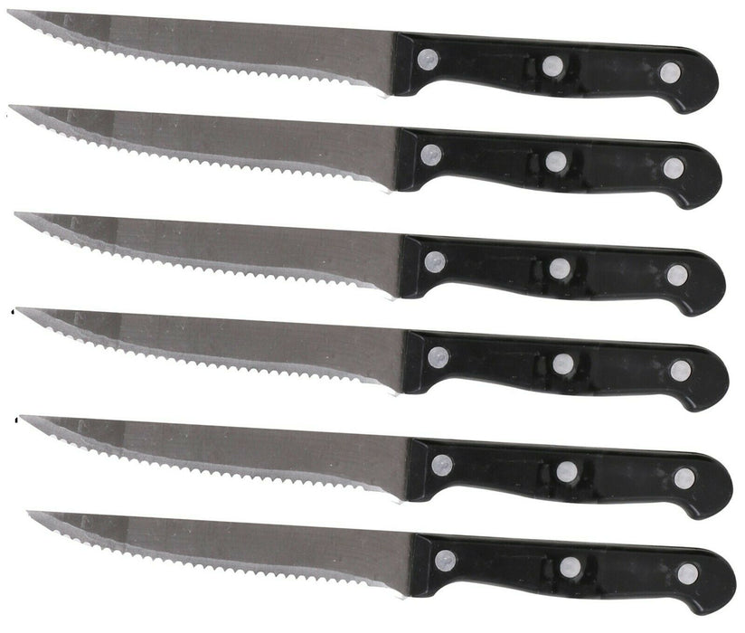 Set of 6 Steak Knives Black Handles Serrated Blade Steak Knife