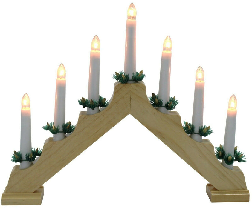 Natural Wooden LED Light Up Christmas Candle Bridge with 7 Flameless LED Candles