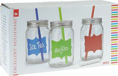 Set of 3 Mojito Glasses Tumblers Mason Glasses With Lids Straw and Chalk