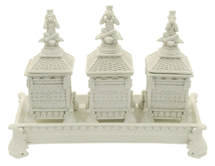 Set Of 3 Chest Boxes Modern White Ornament 3 Wise Monkeys See Speak Hear No Evil
