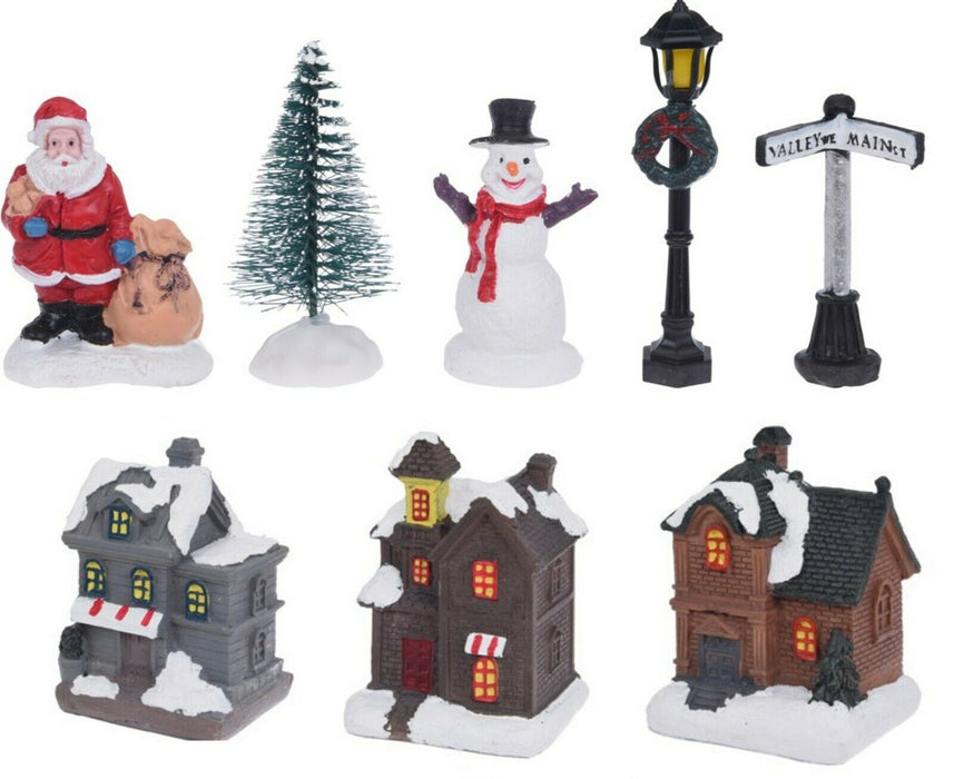 10 Piece Christmas Village Set Festive Xmas Miniature Scene With LED Lights