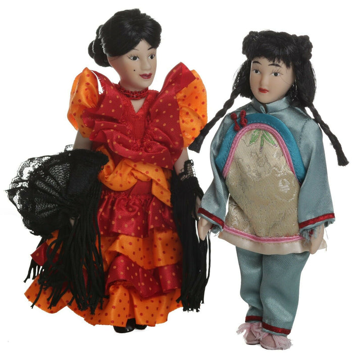 Set of 2 Porcelain Chinese Dolls Spanish Flamenco Dancer & Geisha Girl 15cm