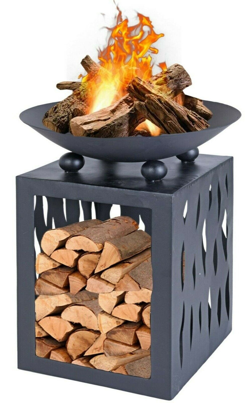 Modern Outdoor Fire Pit Large Raised Fire Bowl Raised With Log Store 6