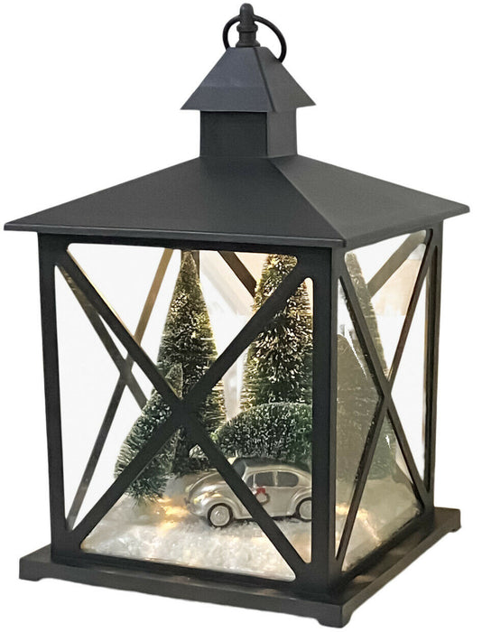 Large (38x23x23cm) LED Christmas Snow Lantern w Car Black | Battery Operated