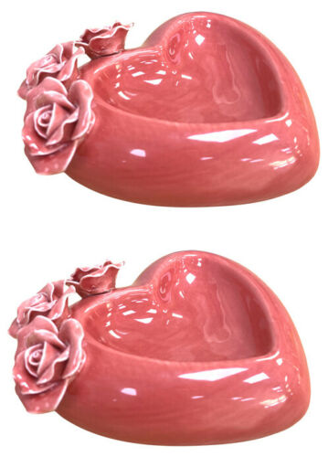 Set of 2 Trinket Dishes Small Heart Shaped Red Ceramic Plate With Rose Décor