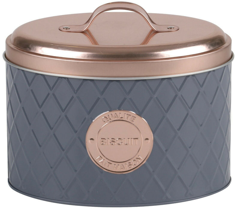 Copper Lid & Grey Cookie Tin Biscuit Container Modern Design