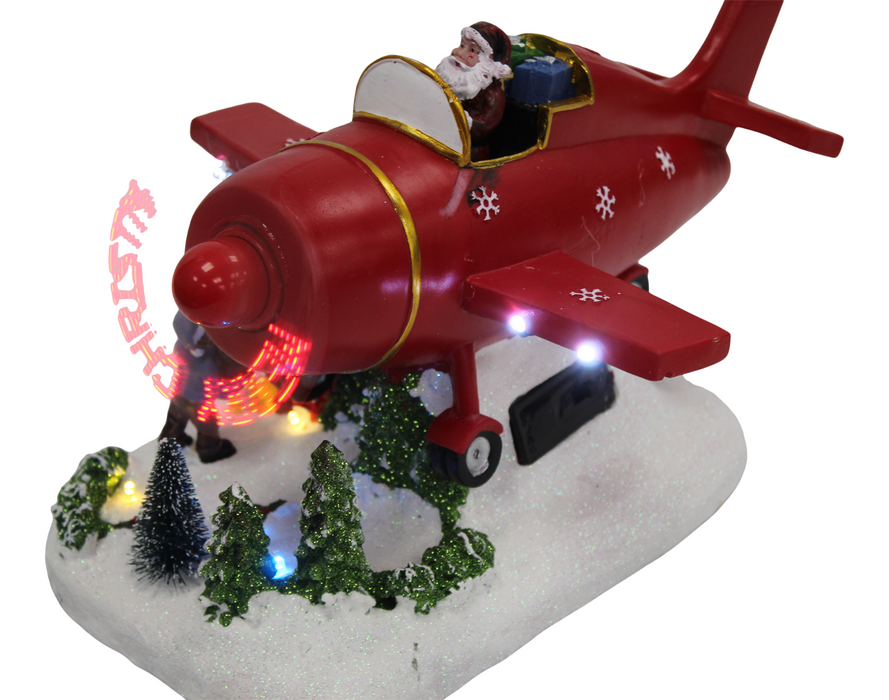 Light Up Santa LED Father Christmas on Airplane Giving Gifts With Sound & Banner
