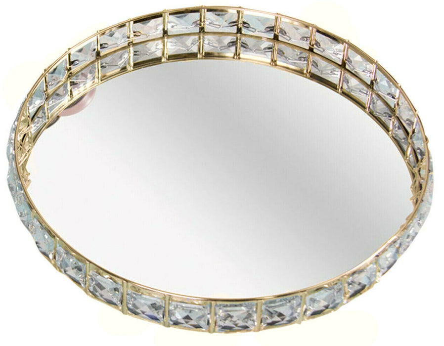 26cm Round Gold Crystal Mirrored Display Tray Jewelled Design Glass Serving Tray