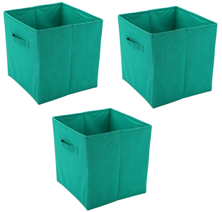 Collapsible Storage Boxes Set x 3 Green Fabric Cube Organiser Boxes With Handles