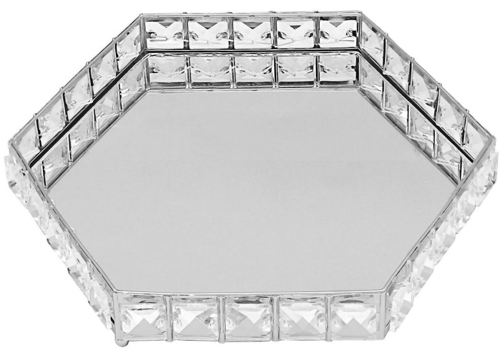 27cm Mirrored Display Tray Crystal Jewelled Hexagon Design Silver Serving Tray