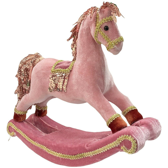 Christmas Rocking Horse Ornament With Sequins Pink Velvet Festive Horse Figurine
