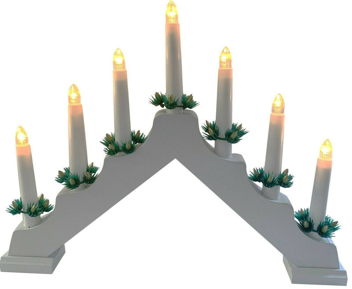White Wooden Candle Bridge 7 LED Flameless Christmas Candles Xmas Wind