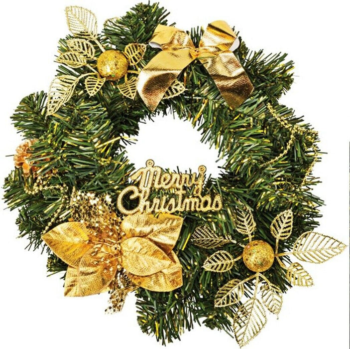 Merry Christmas Wreath Xmas Artificial Wreath 25cm Gold & Green