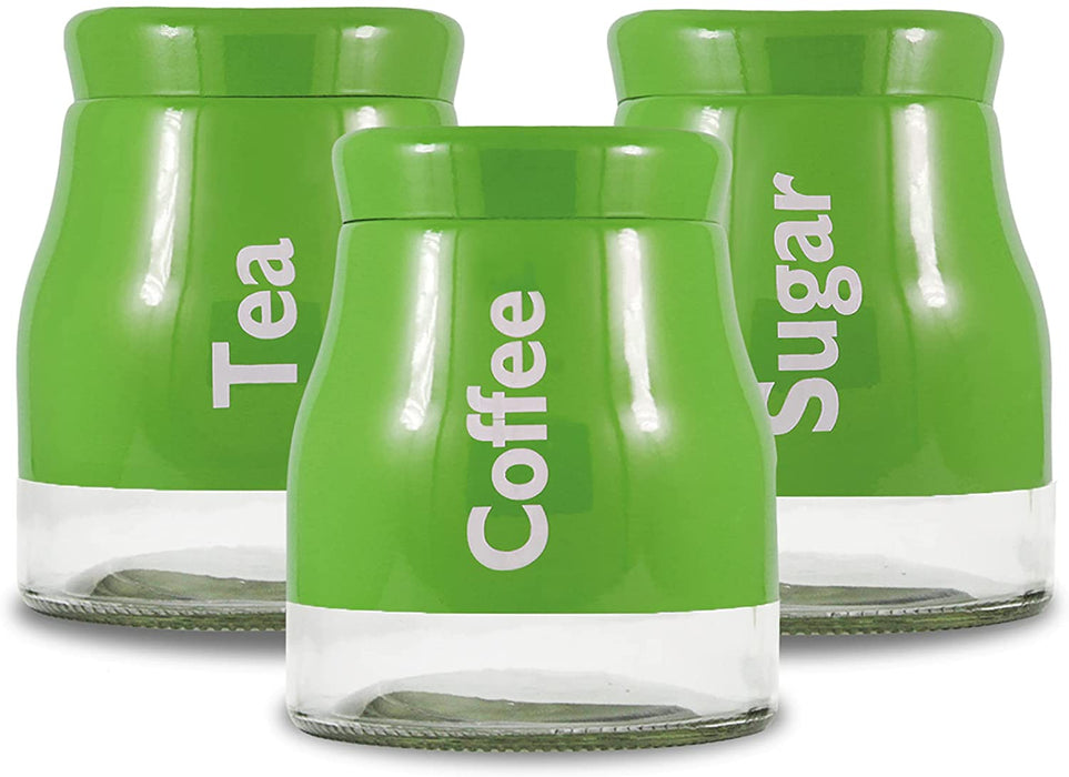 Set of 3 Green Glass Tea Coffee Sugar Canister Caddy Set Large 900ml