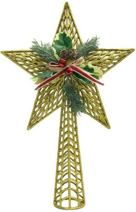 Cheerful Bargains Christmas Tree Top Ornament | Gold Tree Topper Star with Red Bow, Holly Leaf & Acorns