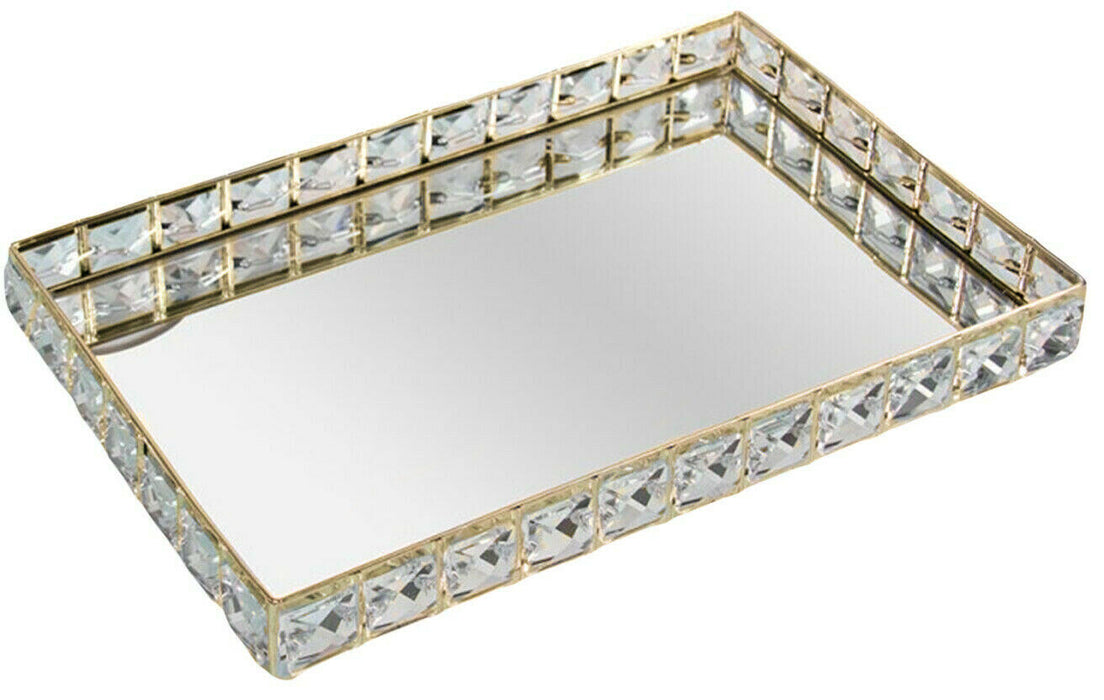 30cm Gold Crystal Mirrored Display Tray Jewelled Design Rectangle Serving Tray