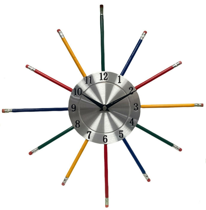 Pencil Wall Clock Large Multicoloured Round Art Design Clock School Kids 37cm