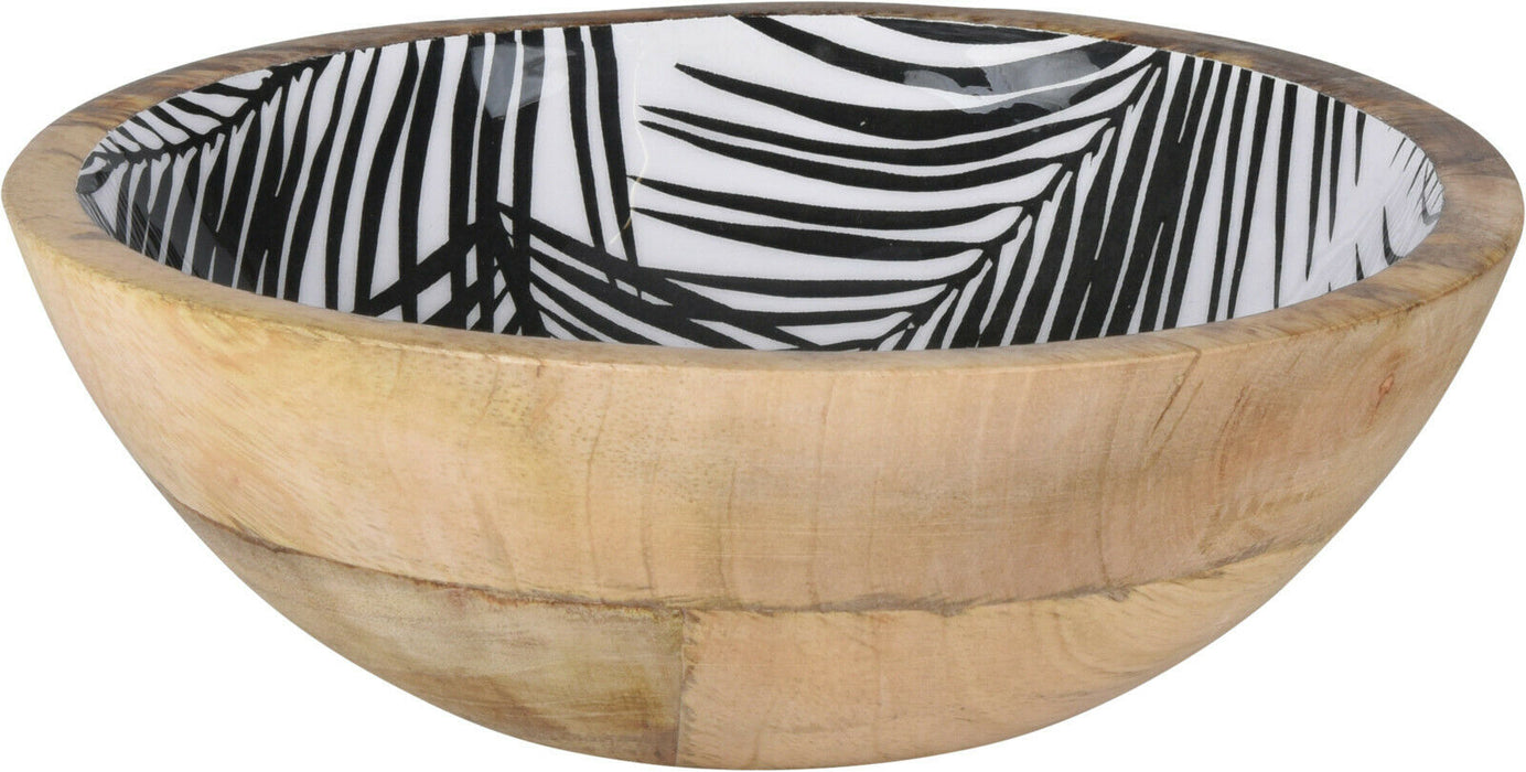20cm Mango Wood Decor Bowl Black & White Floral Print Potpourri Bowl Fruit Bowl