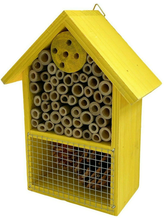 Wooden Insect Hotel Bee House Wood Roof Attract Insects & Bees To Garden Yellow