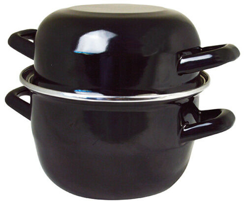 Large Seafood Cooking Pot Round Enamel Black Mussel Pot With Handles 22cm