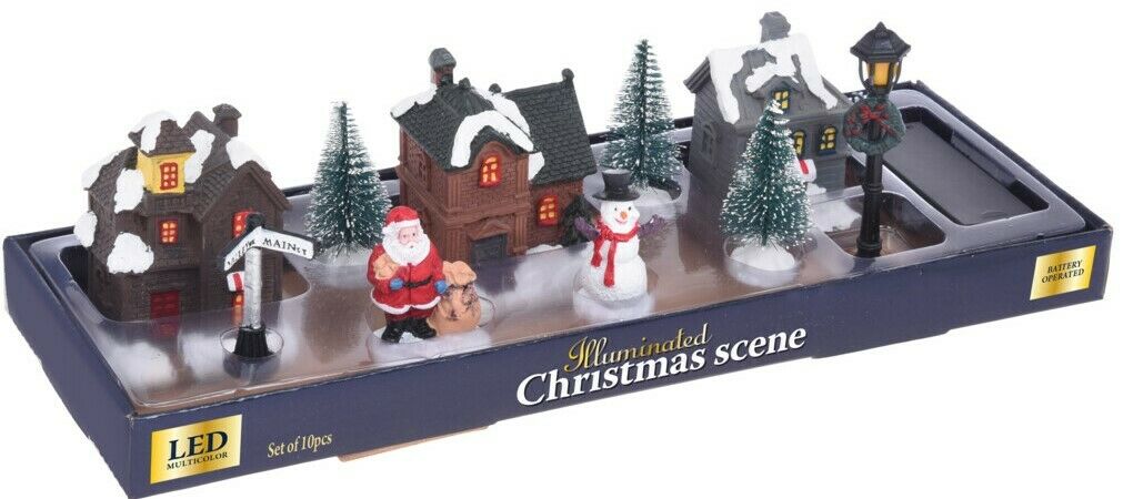 10 Piece Christmas Village Set Festive Xmas Miniature Scene With LED Lights