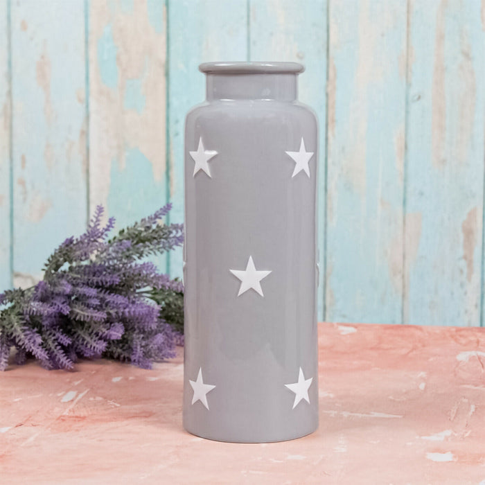 30cm Tall Grey Flower Vase With White Stars Decorative Ceramic Cylinder Vase