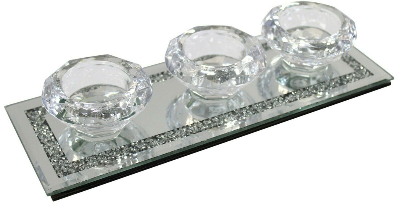 Glass Tea Light Holder Mirrored Glass Candle Holder Crushed Dimaonds Effect