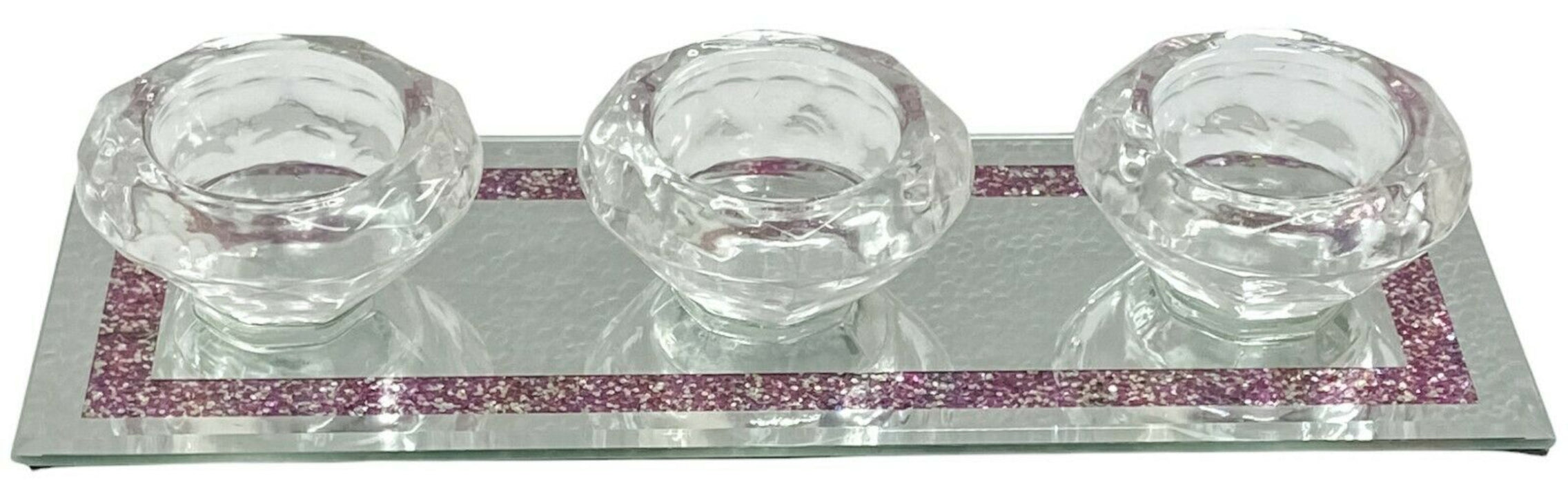 Triple Tealight Candle Holder Glass Mirrored Tealight Holder Glitter Detail 25cm