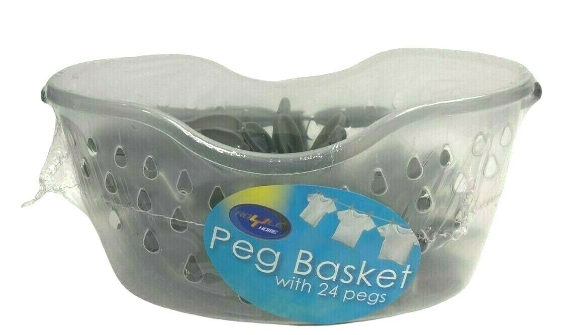 Peg Basket With Handle 24 Grey Plastic Clothes Pegs Washing Line Laundry Pegs