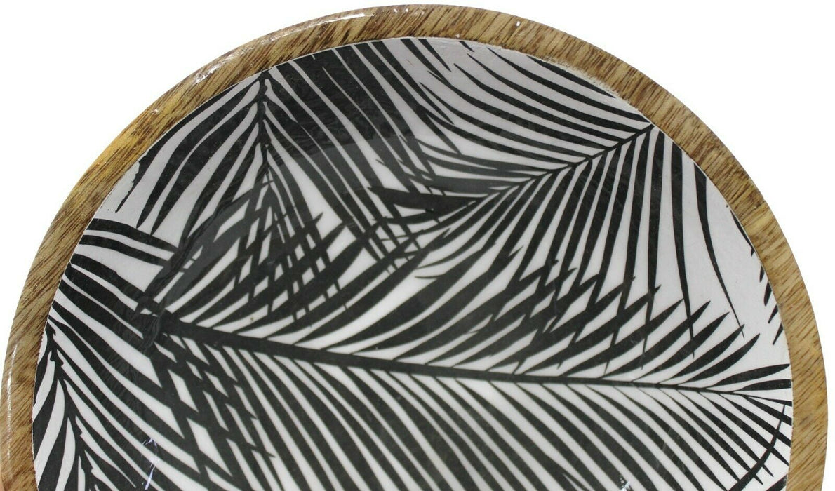 20cm Mango Wood Decor Bowl Black & White Floral Print Potpourri Bowl Fruit Bowl