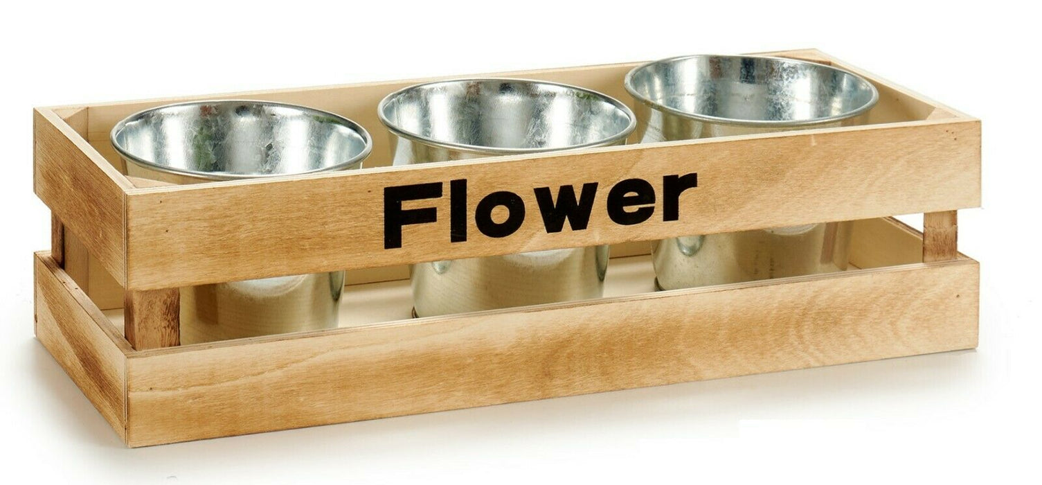 41cm Wooden Windowsill Plantbox 3 Small Metal Flowerpot Planters Indoor Outdoor