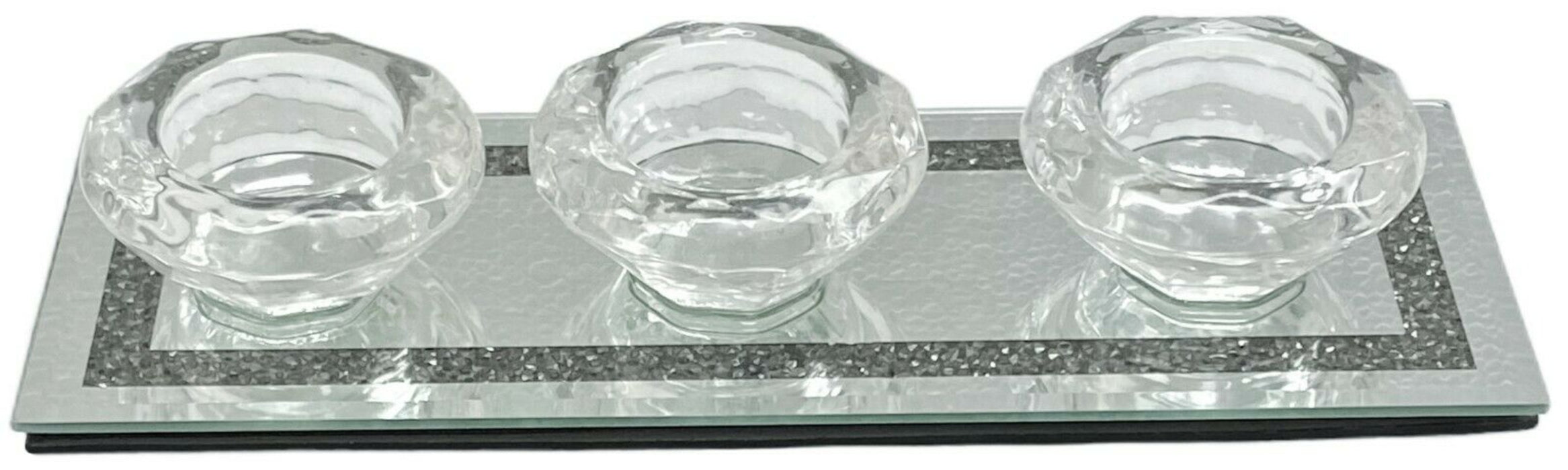 Triple Tealight Candle Holder Crush Diamond Glass Mirrored Tea Light Holder 25cm
